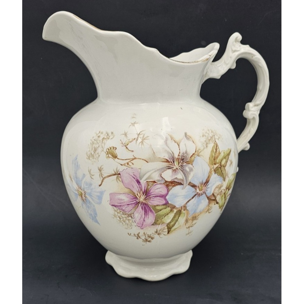 Antique Austrian Vienna Porcelain Wash Basin Pitcher Clematis Floral Gold Trim